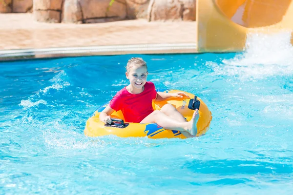 Cute Happy Girl Amusment Aquapark Sliding Summertime Vacation Concept — Stock Photo, Image