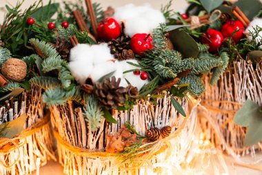 Karanfil, kasımpatı, santini, esmer ve köknar ile Noel süslemesi. Noel ruhu ve ruh hali