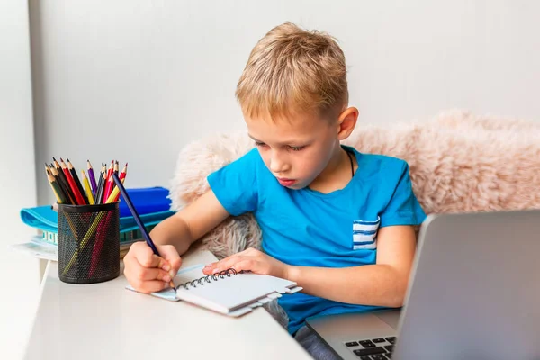 Little Young School Boy Working Home Laptop Class Notes Studying — Stock Photo, Image