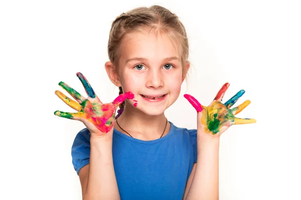 Счастливая Маленькая Девочка Руки Краске Изолированы Белом Концепция Искусства — стоковое фото