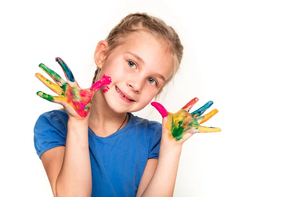 Menina Feliz Com Mãos Tinta Isolada Branco Conceito Arte — Fotografia de Stock