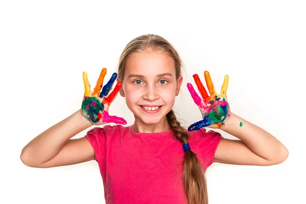Menina Feliz Com Mãos Tinta Isolada Branco Conceito Arte — Fotografia de Stock