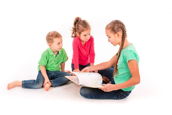Happy Kids Reading Book Isolated White Team Work Creativity Concept — Stock Photo, Image