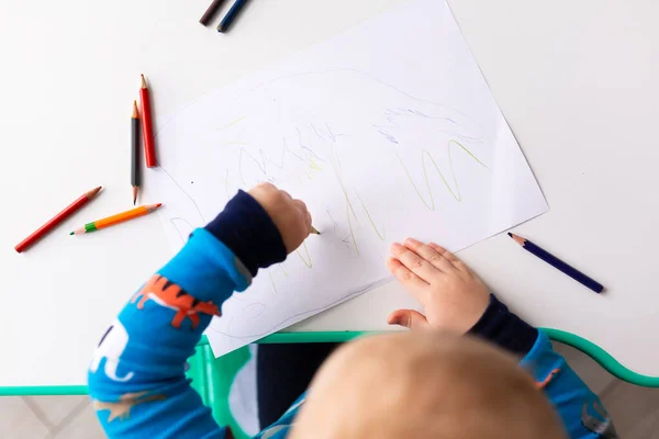 Left Handed Baby Boy Drawing Picture Colored Pencils — Stock Photo, Image