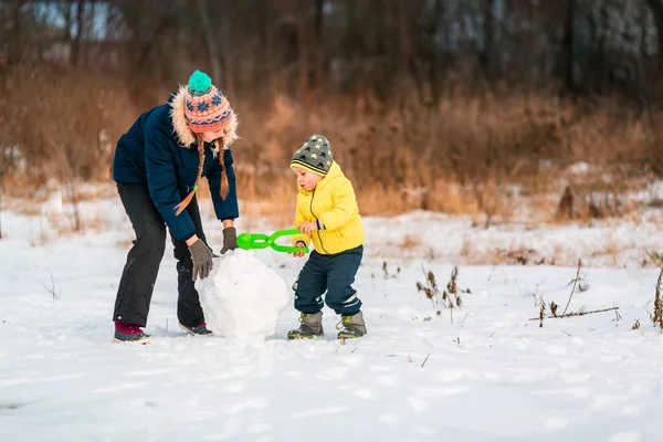 幸せな子供たちは冬に雪だるまを屋外にするために大きな雪玉を作ります 冬の野外活動 — ストック写真