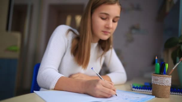 Beautiful Schoolgirl Studying Home Doing School Homework Training Books Notebook — Stock Video