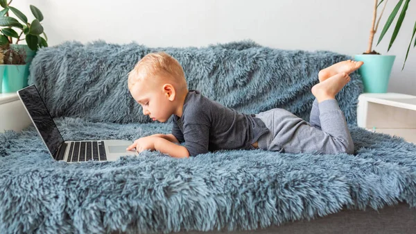 Pequeño Niño Jugando Portátil Tumbado Sofá Casa Learning Estudio Distancia —  Fotos de Stock