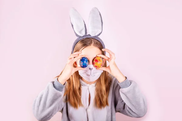 Girl Rabbit Bunny Ears Head Protective Mask Colored Eggs Pink — Stock Photo, Image