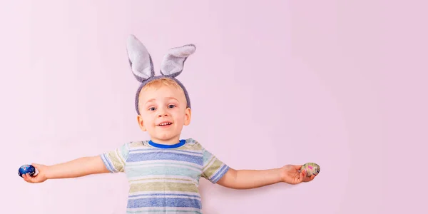 Cute Baby Boy Rabbit Bunny Ears Head Colored Eggs Pink — Stock Photo, Image