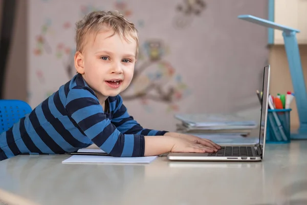 Cute Baby Boy Having Video Class Video Chat Grandparents Quarantine —  Fotos de Stock