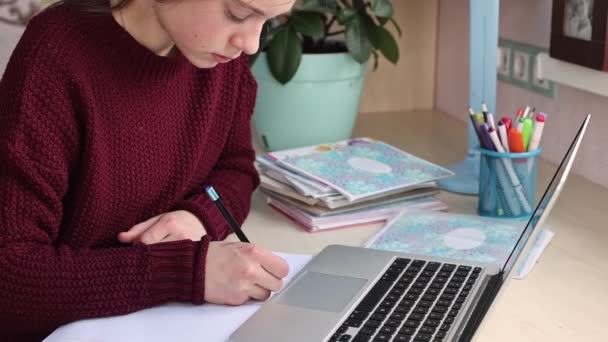 Beautiful Schoolgirl Studying Home Having Online Class Training Books Notebook — Stock video
