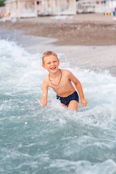 Happy Active Little Boy Having Fun Waves Seaside — Zdjęcie stockowe