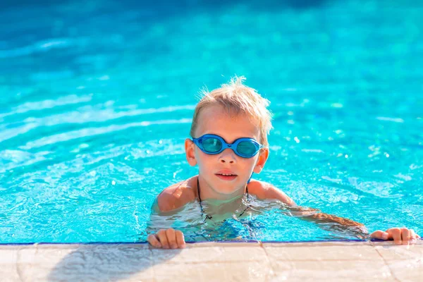 Cute Happy Little Boy Goggles Swimming Snorking Swimming Pool Swimming — Stock Photo, Image