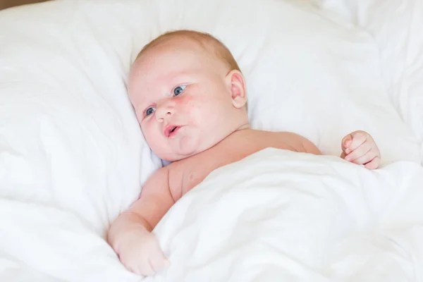 Bebé recién nacido pacífico acostado en una cama durmiendo —  Fotos de Stock