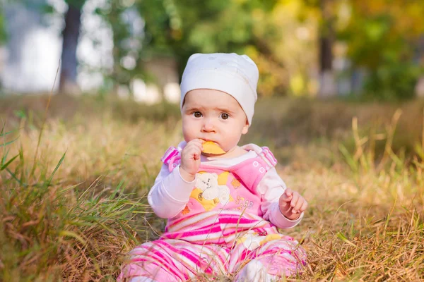 Cute baby in autumn leaves. — Stock Photo, Image