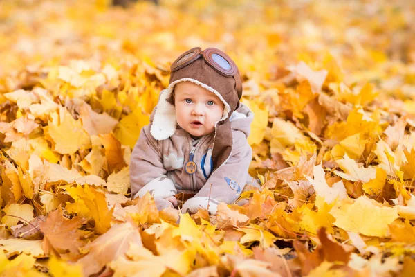 Cute baby in autumn leaves. — Stock Photo, Image