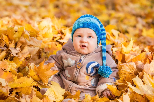 Söt baby i höstlöv. — Stockfoto