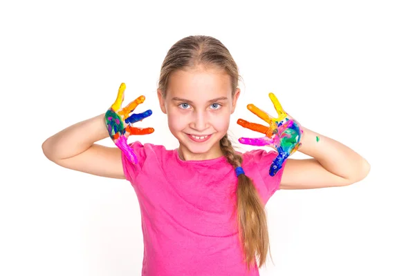 Menina feliz com as mãos pintadas — Fotografia de Stock