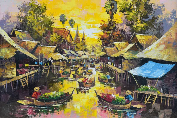 Original oil painting on canvas - waterside life — Stock Photo, Image