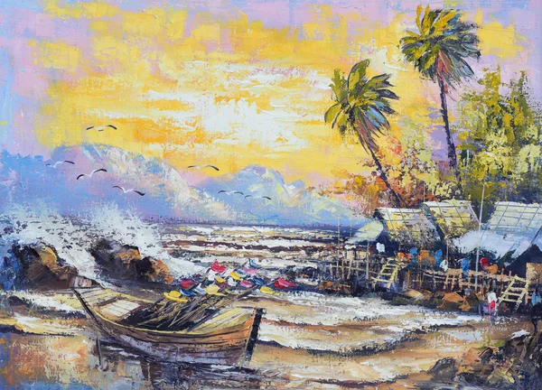 Pintura al óleo original sobre lienzo - Antiguo barco de pesca en el puerto — Foto de Stock