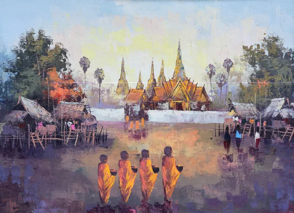 Pintura al óleo original sobre lienzo - cultura monje tailandés pedir limosna — Foto de Stock