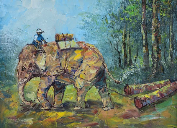 Original oljemålning på duk - elefanter att dra loggar — Stockfoto