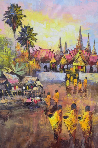 Peinture à l'huile originale sur toile - culture moine thaïlandais demander l'aumône Images De Stock Libres De Droits
