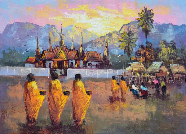 Peinture à l'huile originale sur toile - culture moine thaïlandais demander l'aumône Images De Stock Libres De Droits