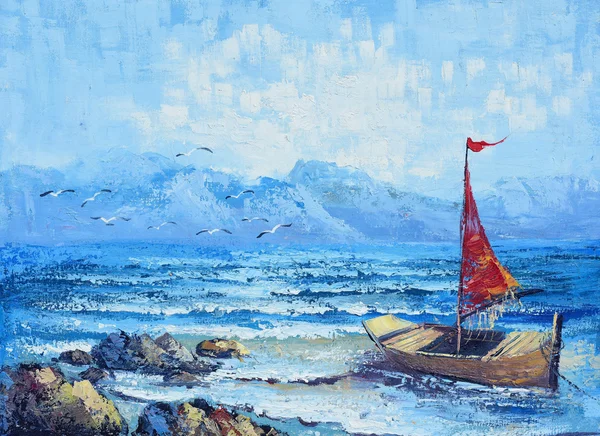 Orijinal Yağlıboya Resim üzerine yağlıboya - okyanusta yelken Stok Resim