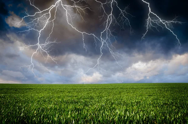 Temporale con fulmini nel prato verde — Foto Stock