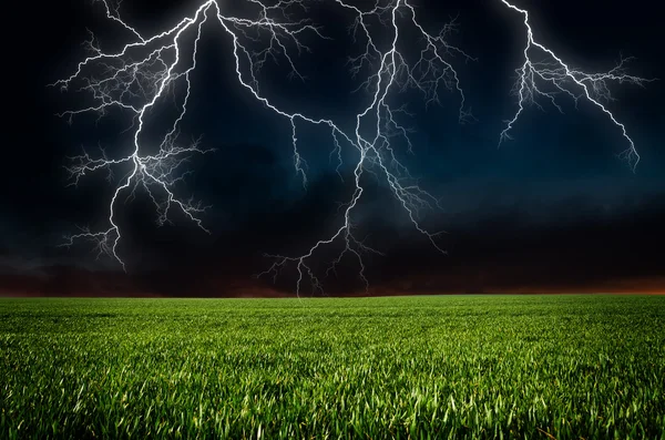 Tormenta con relámpagos en pradera verde — Foto de Stock