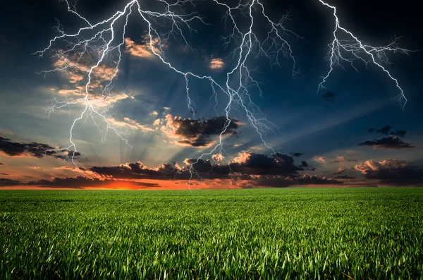 Bouřka s blesky na zelené louce — Stock fotografie