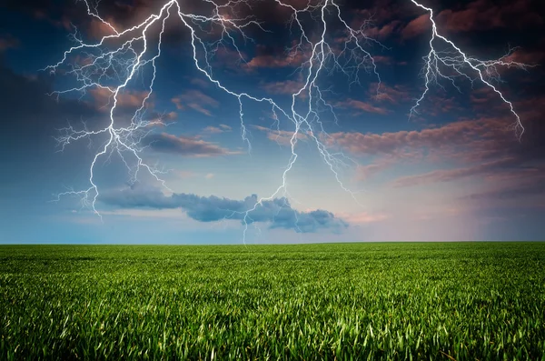 Temporale con fulmini nel prato verde — Foto Stock