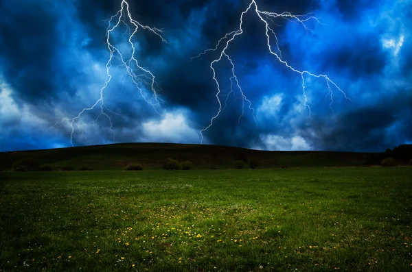 Thunderstorm with lightning in green meadow