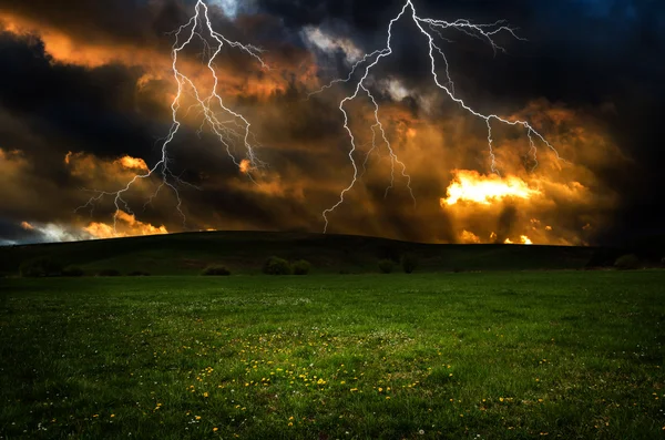 Gewitter mit Blitz auf grüner Wiese — Stockfoto