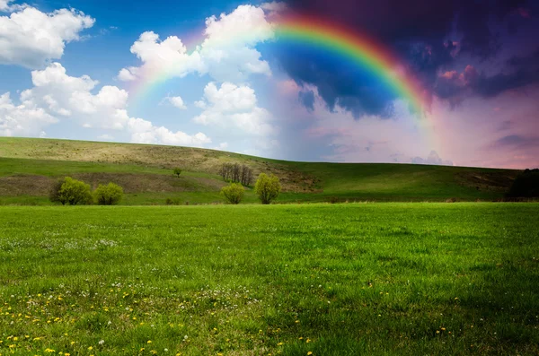 Campo verde con arco iris, concepto de día y de noche — Foto de Stock