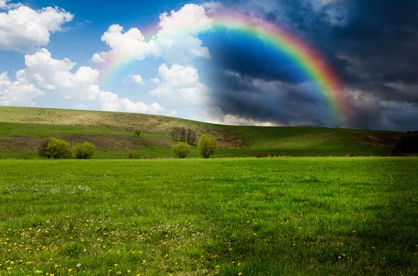 Зеленое поле с радугой, день и ночь концепции — стоковое фото