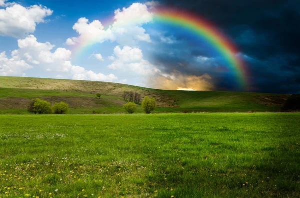 Зеленое поле с радугой, день и ночь концепции — стоковое фото