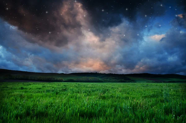 Beautiful night field and sky with stars — Stock Photo, Image