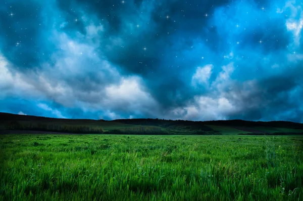 Beautiful night field and sky with stars — Stock Photo, Image