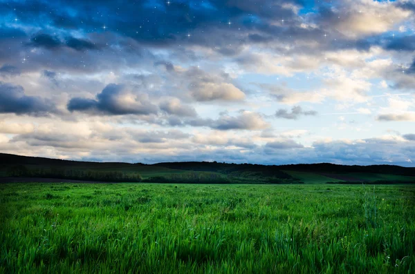 Belo campo noturno e céu com estrelas — Fotografia de Stock