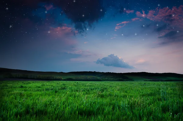 Krásná noc pole a obloha s hvězdami — Stock fotografie