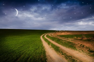Kırsal yol ve yıldızlarla gece gökyüzü
