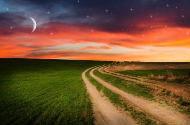 Kırsal yol ve yıldızlarla gece gökyüzü