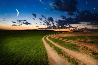 Kırsal yol ve yıldızlarla gece gökyüzü