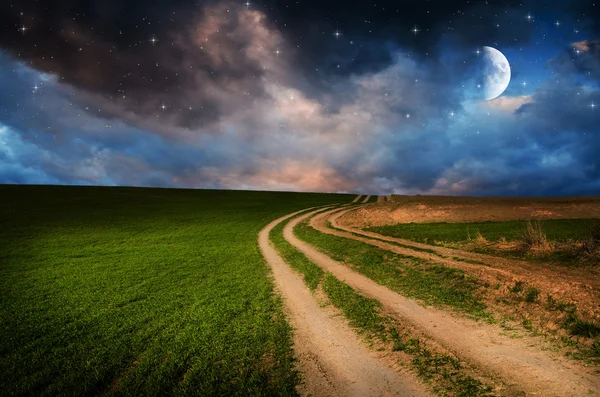 Rural road and sky with stars in the night