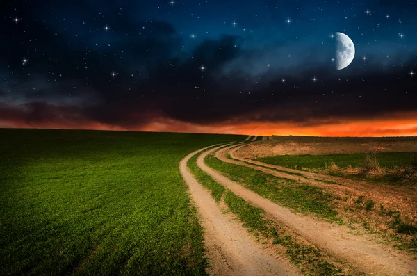 Lantlig väg och himmel med stjärnor i natt — Stockfoto