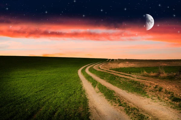 Rural road and sky with stars in the night — Stock Photo, Image