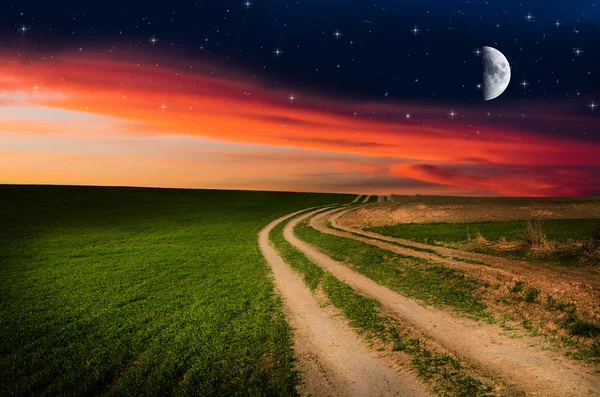 Lantlig väg och himmel med stjärnor i natt — Stockfoto