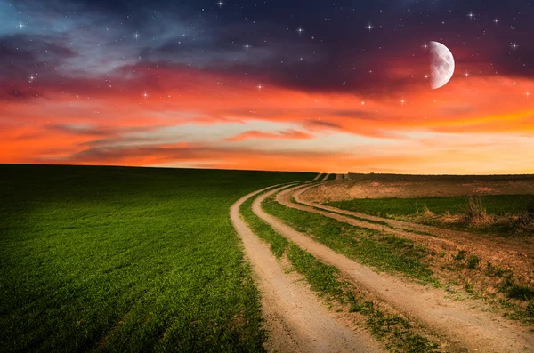 Lantlig väg och himmel med stjärnor i natt — Stockfoto